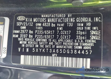 2013 Kia Sorento Lx z USA, uszkodzony, nr VIN 5XYKT3A65DG384457